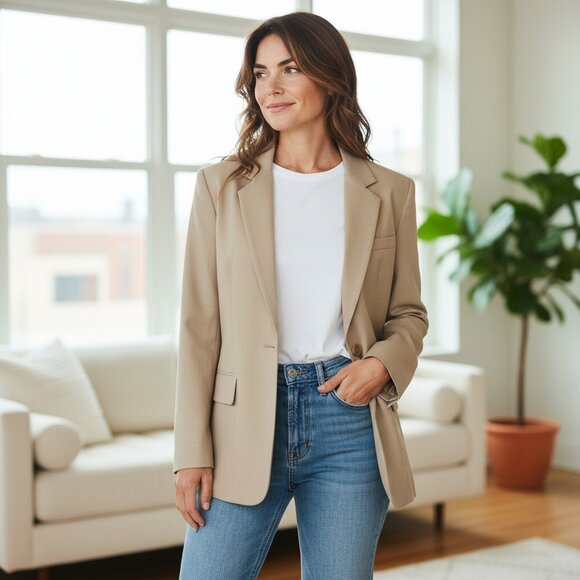 Lands' End Jackets & Blazers - LANDS END SZ 8 Women 100% Wool Tan Khaki Single-Breasted Tailored Classic Blazer